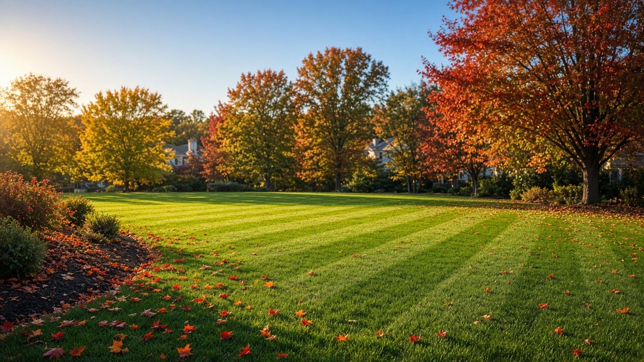 Freshly striped green lawn with scattered fall leaves